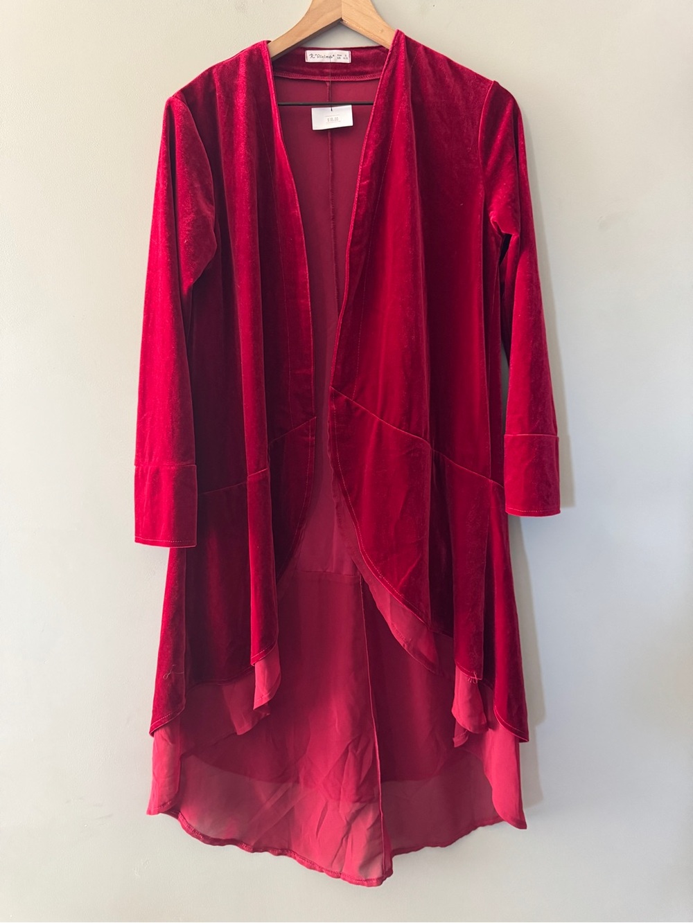 R. Vivimos | wine red velvet duster jacket with high low chiffon | S